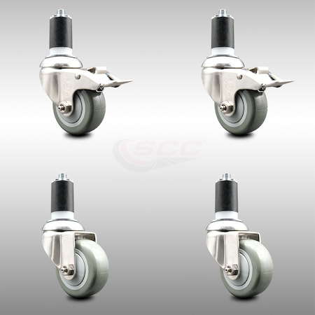 3.5 Inch 316SS Gray Polyurethane Swivel 1-5/8 Inch Stem Caster Lock Brake, 2PK